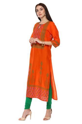 Orange Printed Cotton Straight Kurti