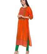 Orange Printed Cotton Straight Kurti