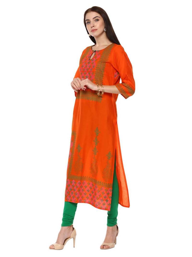 Orange Printed Cotton Straight Kurti