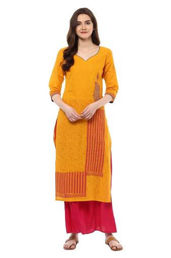 Mustard Printed Cotton Straight Kurti