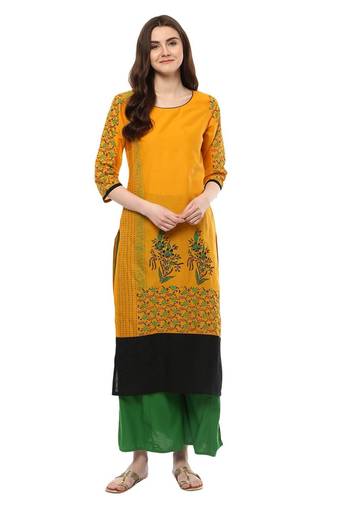 Mustard Printed Cotton Straight Kurti