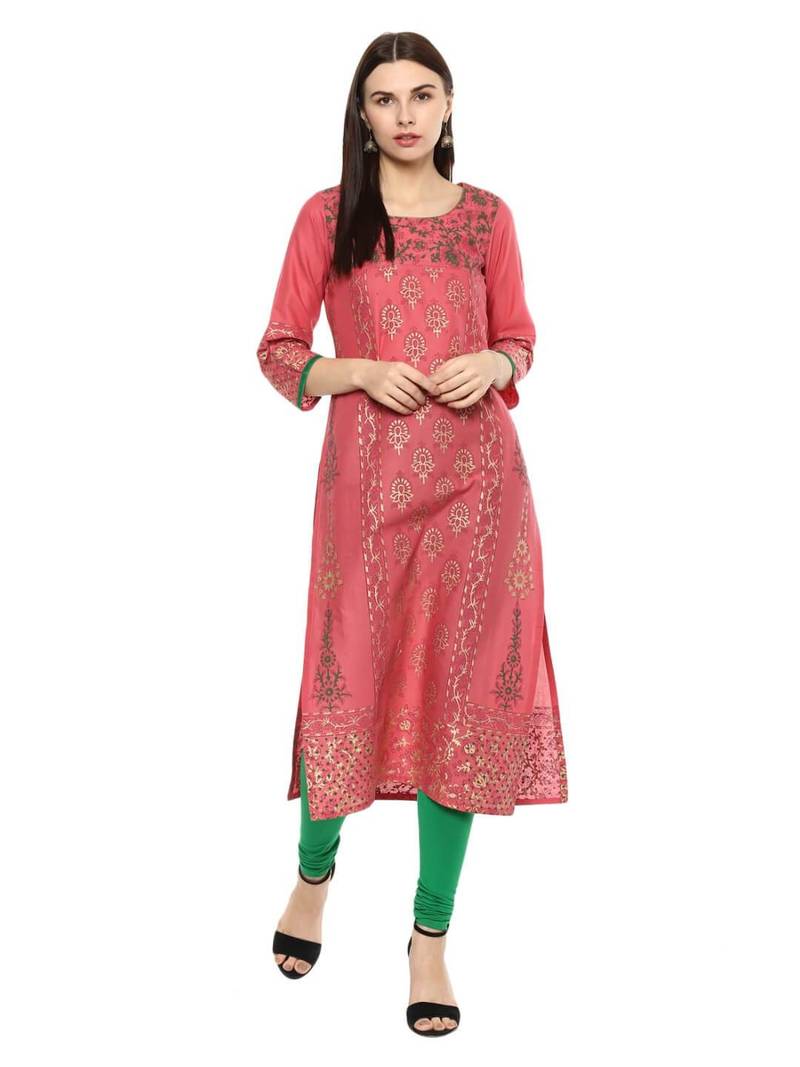 Red Printed Cotton Straight Kurti