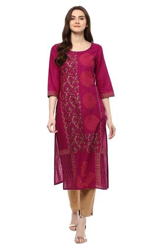 Purple Printed Cotton Straight Kurti