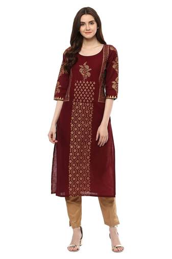Maroon Printed Cotton Straight Kurti