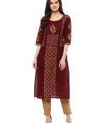 Maroon Printed Cotton Straight Kurti