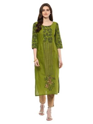 Green Printed Cotton Straight Kurti 1