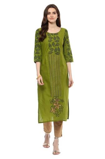 Green Printed Cotton Straight Kurti