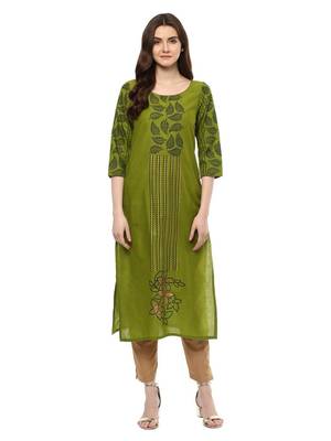 Green Printed Cotton Straight Kurti 2