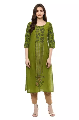 Green Printed Cotton Straight Kurti