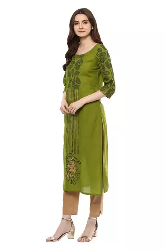 Green Printed Cotton Straight Kurti
