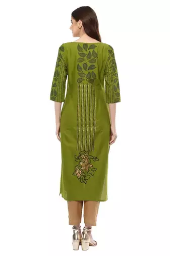 Green Printed Cotton Straight Kurti