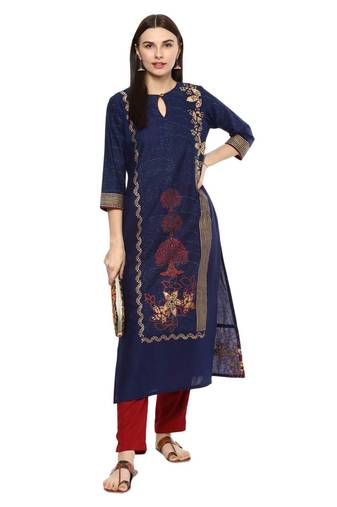 Blue Printed Cotton Straight Kurti
