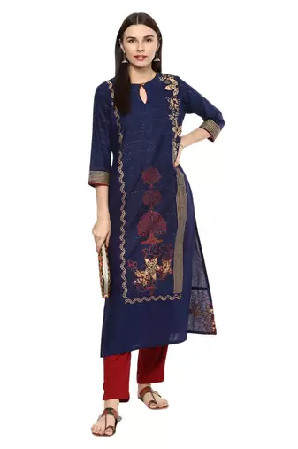 Blue Printed Cotton Straight Kurti