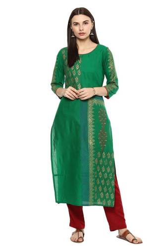 Green Printed Cotton Straight Kurti