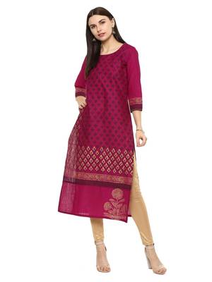 Purple Printed Cotton Straight Kurti 1