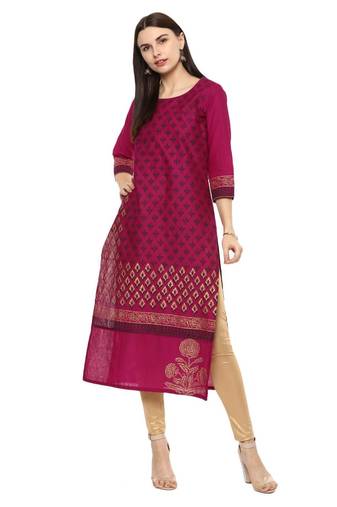 Purple Printed Cotton Straight Kurti