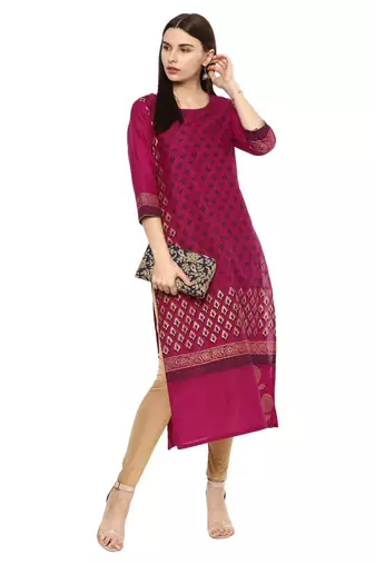 Purple Printed Cotton Straight Kurti