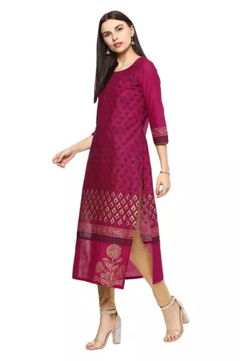 Purple Printed Cotton Straight Kurti