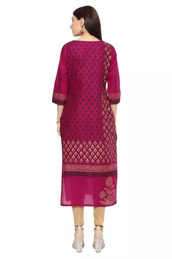 Purple Printed Cotton Straight Kurti