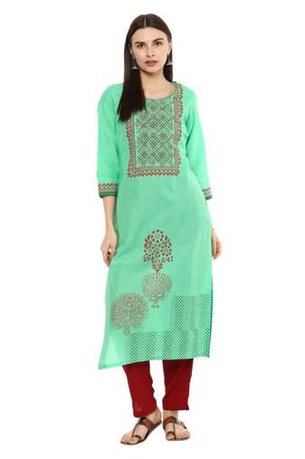 Green Printed Cotton Straight Kurti