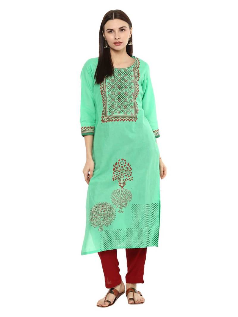 Green Printed Cotton Straight Kurti