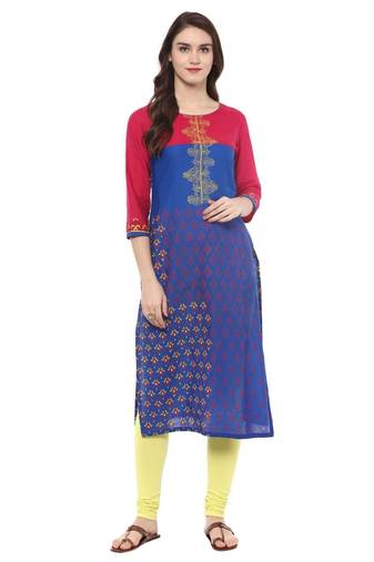 Navy Blue Printed Cotton Straight Kurti