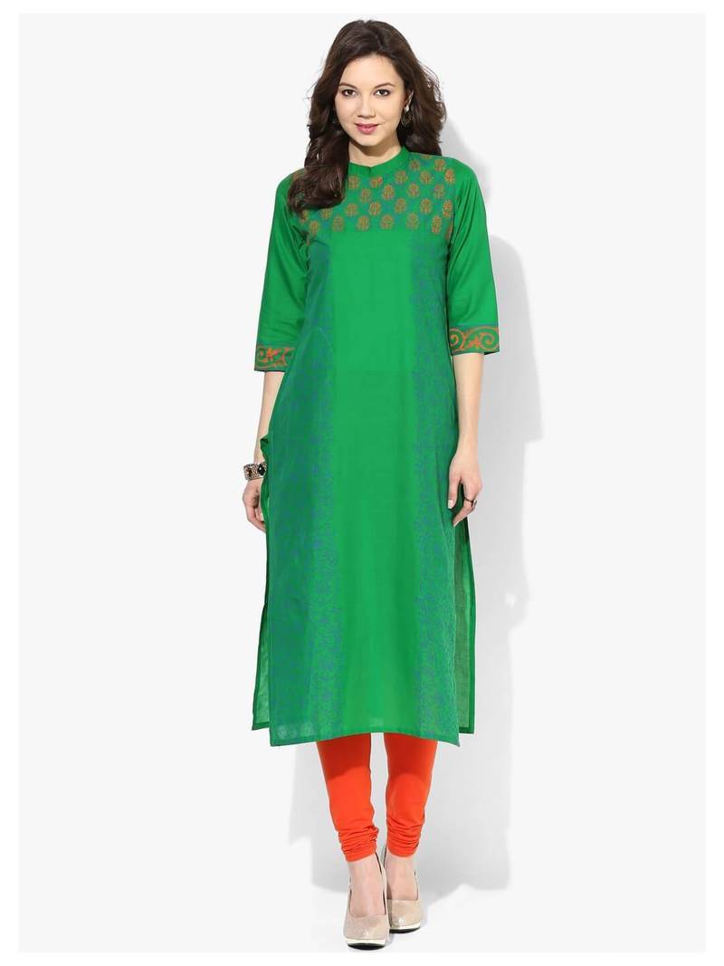 Green Printed Cotton Straight Kurti