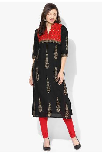Black Printed Cotton Straight Kurti