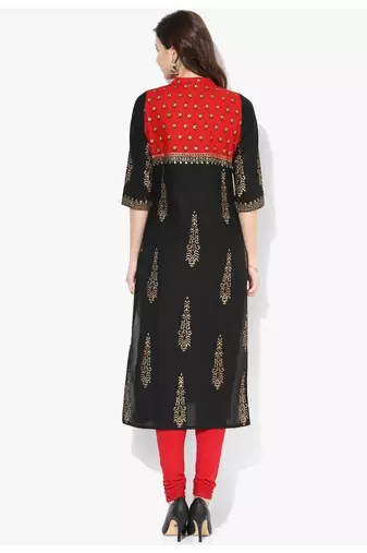 Black Printed Cotton Straight Kurti