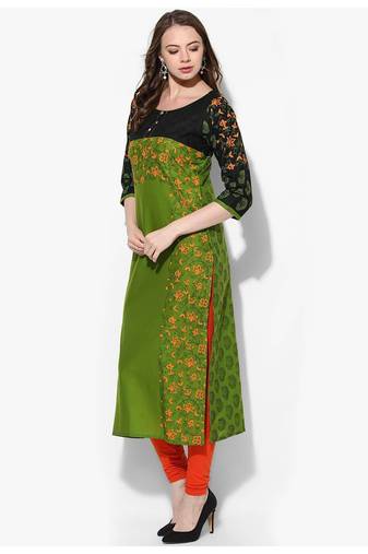 Green Printed Cotton Straight Kurti