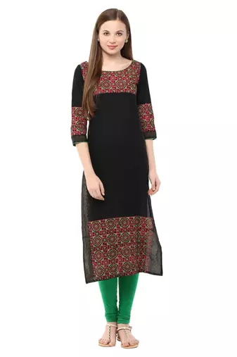 Black Printed Cotton Straight Kurti