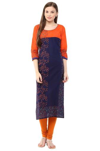 Orange Printed Cotton Straight Kurti