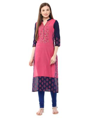 Pink Printed Cotton Straight Kurti 1
