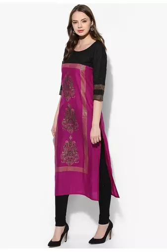 Purple Printed Cotton Straight Kurti