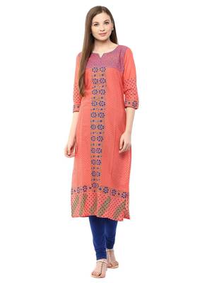Pink Printed Cotton Straight Kurti 1