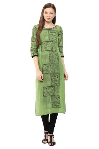 Green Printed Cotton Straight Kurti