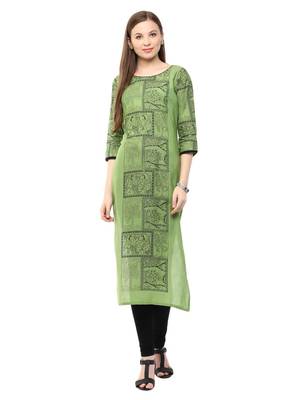 Green Printed Cotton Straight Kurti 2