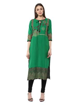Green Printed Cotton Straight Kurti 1