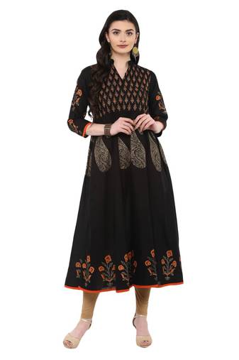 Black Printed Cotton Anarkali ANARKALI Kurti