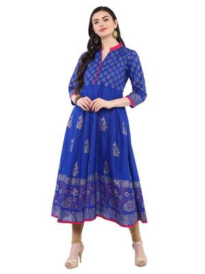 Blue Printed Cotton Anarkali ANARKALI Kurti 1