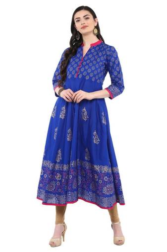Blue Printed Cotton Anarkali ANARKALI Kurti
