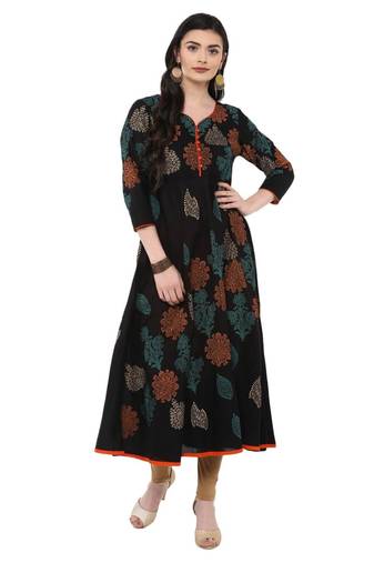 Black Printed Cotton Anarkali ANARKALI Kurti