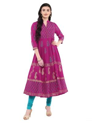 Magenta Printed Cotton Anarkali ANARKALI Kurti 1