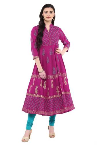 Magenta Printed Cotton Anarkali ANARKALI Kurti