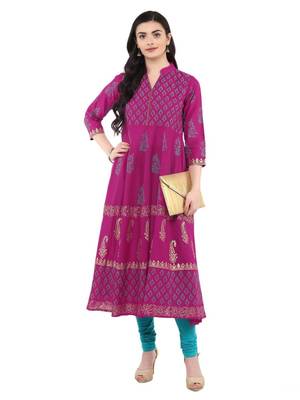 Magenta Printed Cotton Anarkali ANARKALI Kurti 2