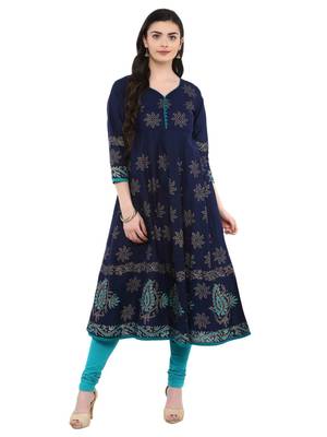Navy Blue Printed Cotton Anarkali ANARKALI Kurti 1