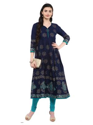 Navy Blue Printed Cotton Anarkali ANARKALI Kurti 2