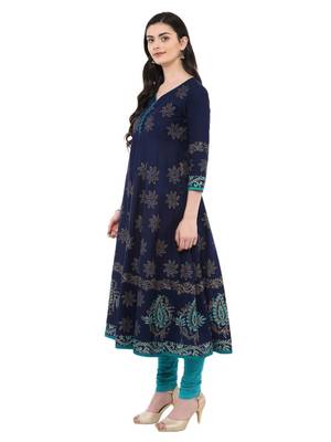 Navy Blue Printed Cotton Anarkali ANARKALI Kurti 3