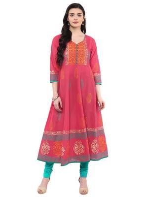 Pink Printed Cotton Anarkali ANARKALI Kurti 1