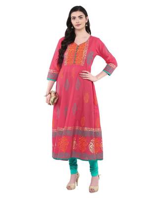 Pink Printed Cotton Anarkali ANARKALI Kurti 2